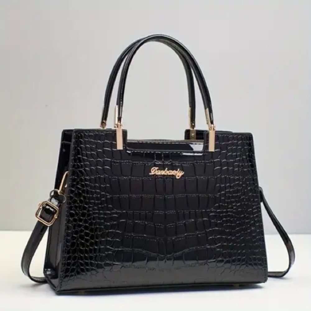 NWT Black Crocodile Embossed Patent Handbag with Crossbody strap
